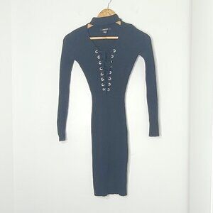 Revamped Black Lace-up Front Ribbed Knitted Long Sleeve Sweater Dress Size XS